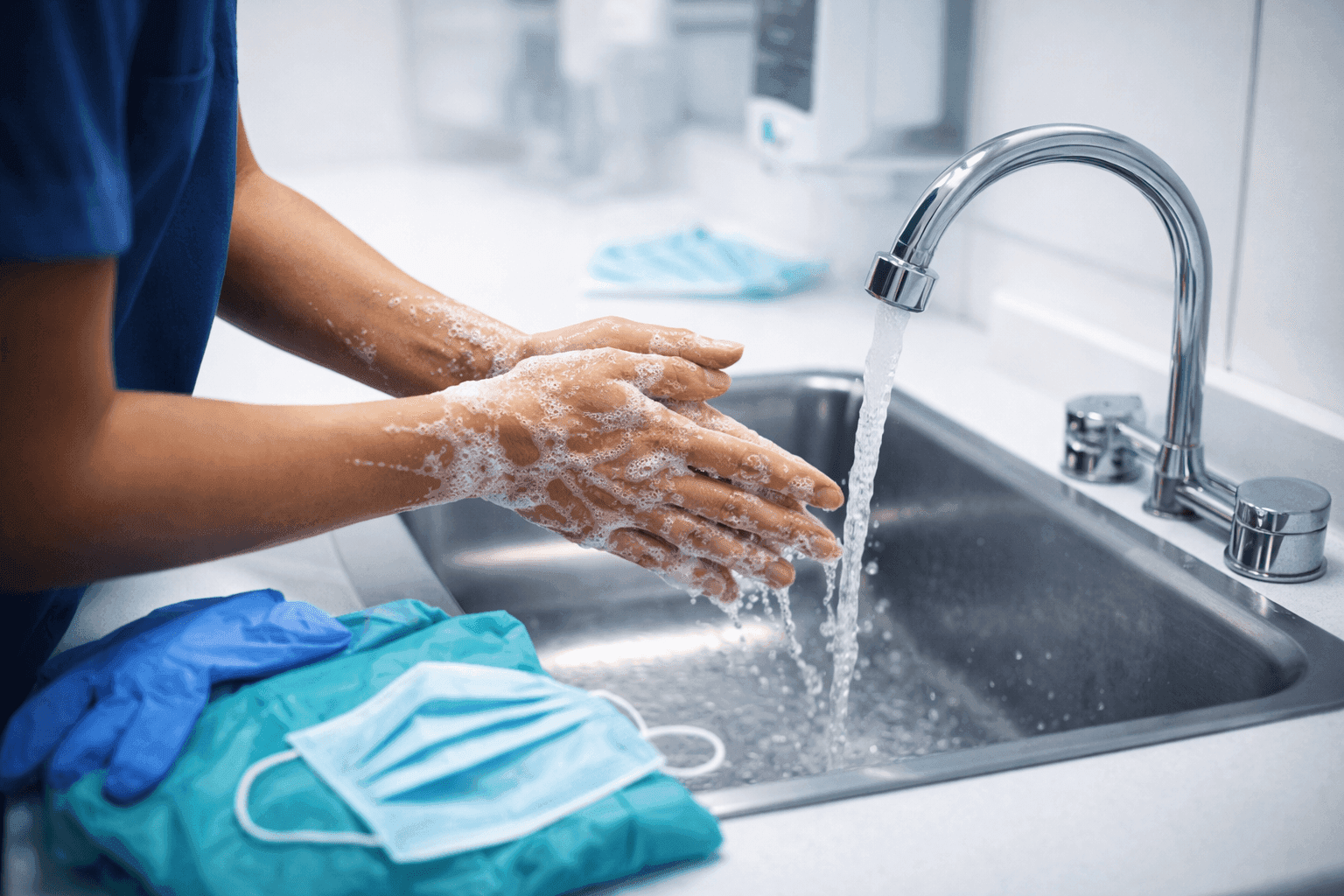 Nurse performing proper hand hygiene with PPE nearby