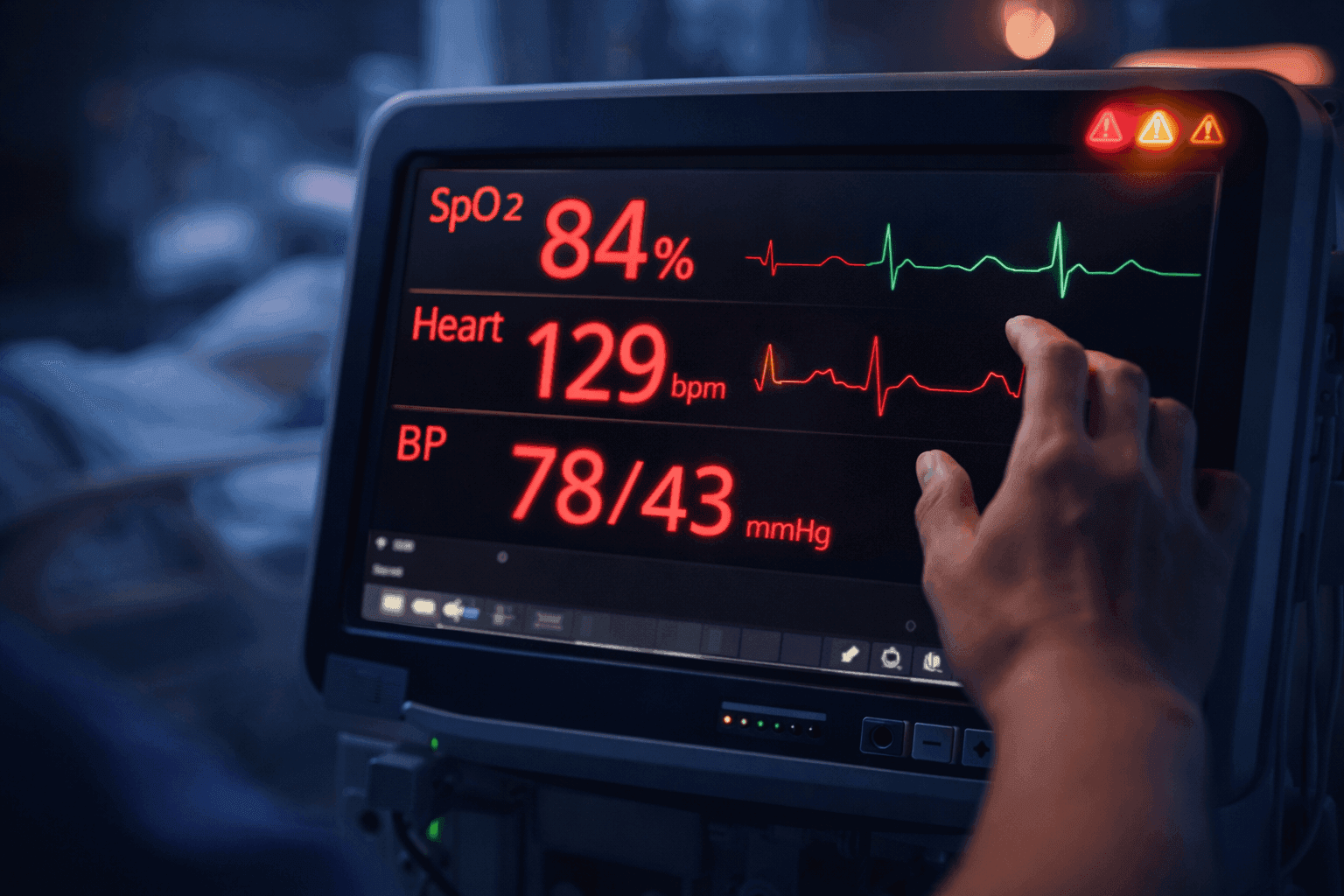 Hospital monitor showing vital sign warning indicators
