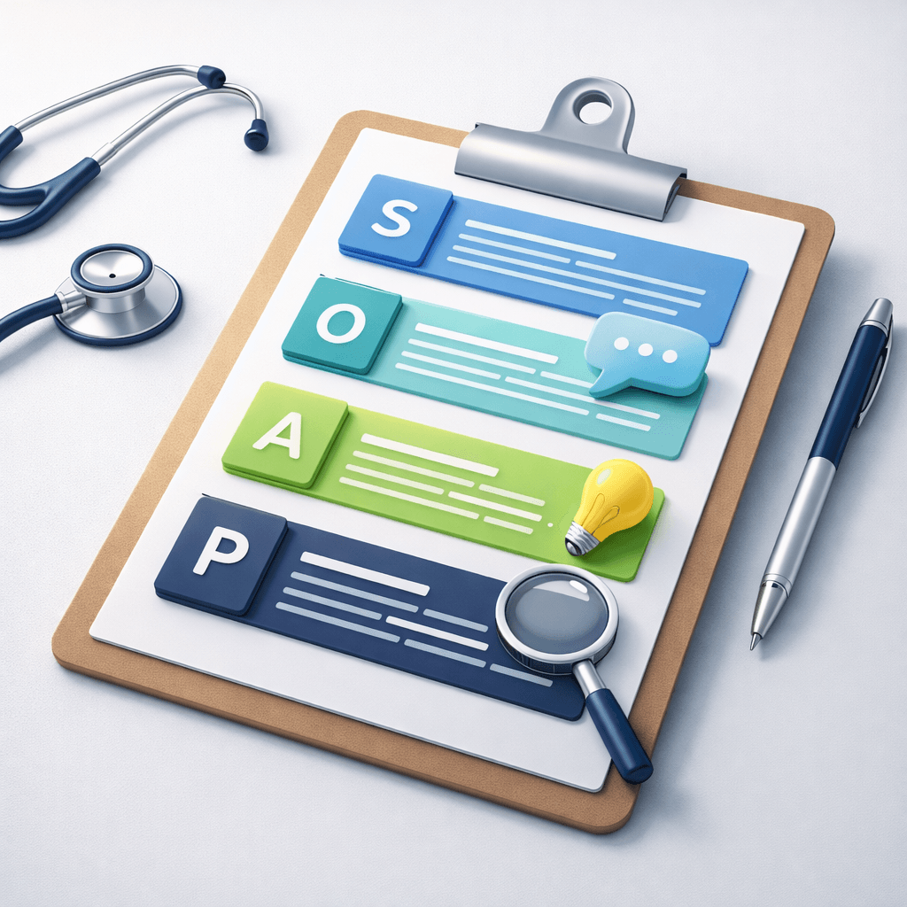 SOAPIE note structure showing Subjective, Objective, Assessment, Plan, Implementation, and Evaluation