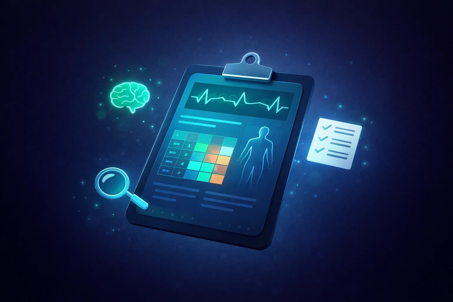 Digital patient chart with clinical data, vital signs, and decision-making icons representing NGN case study practice