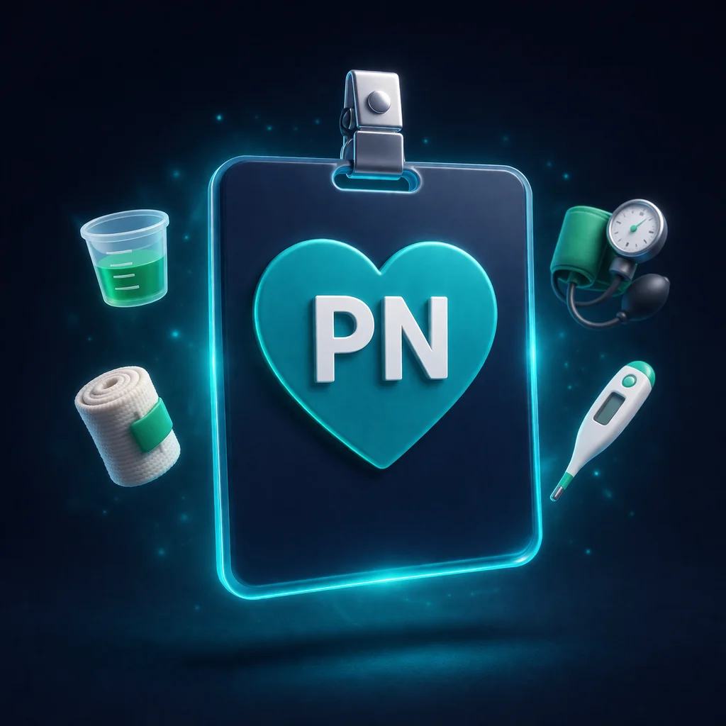 PN nurse badge with care-focused medical icons representing NCLEX-PN exam preparation