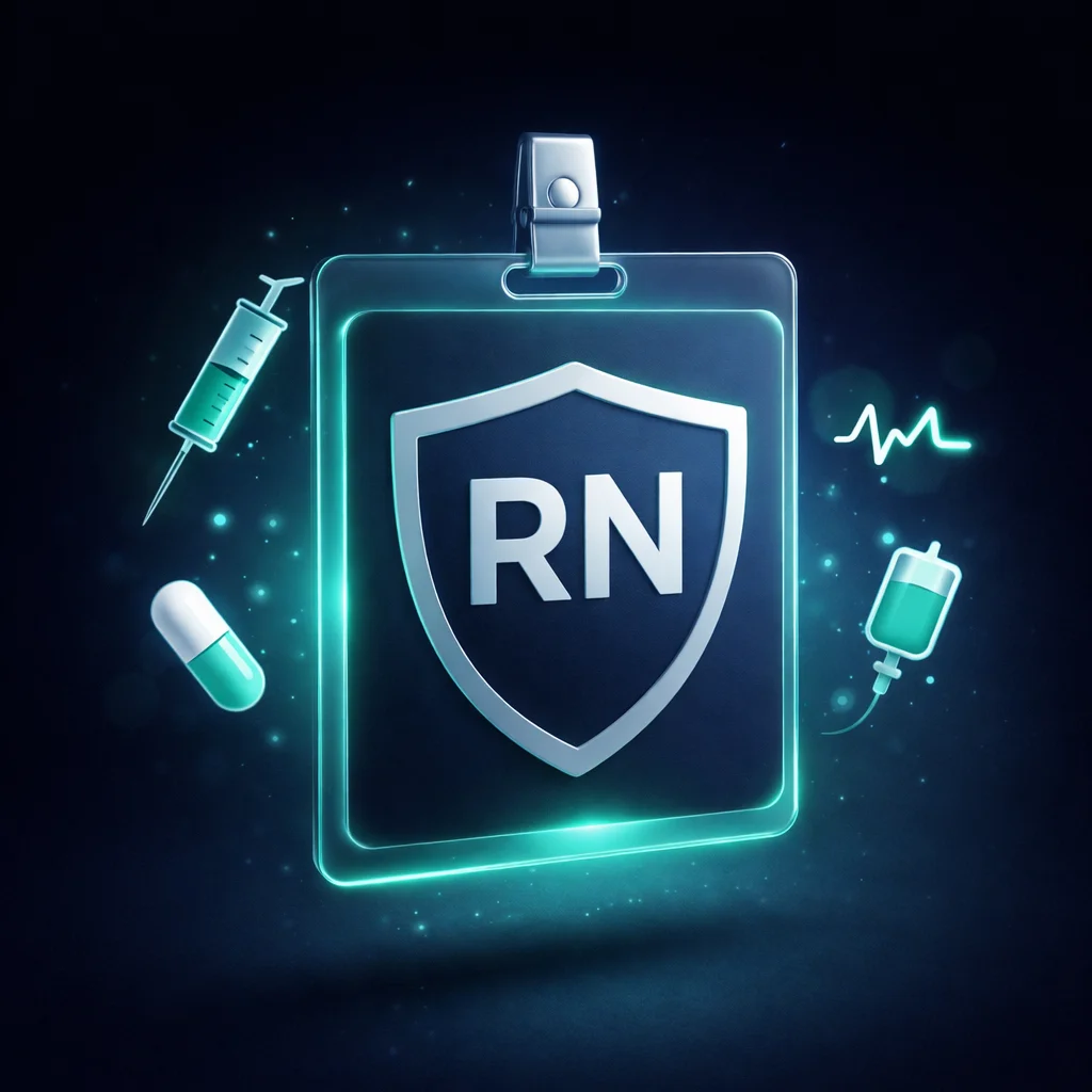 RN nurse badge with medical icons representing NCLEX-RN exam preparation